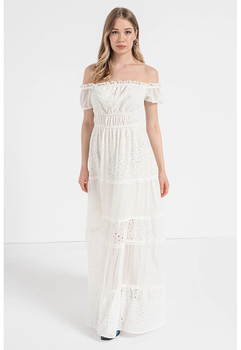 Rochie midi din dantela sangallo cu decolteu pe umeri, Alb