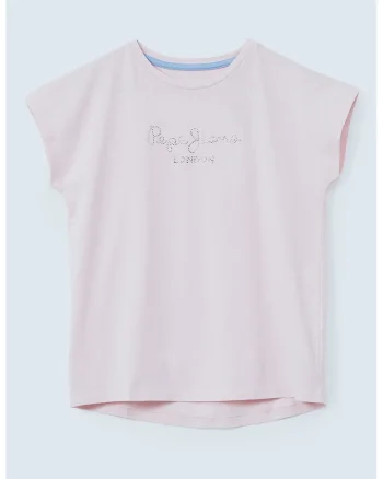 Tricou de bumbac cu logo cu strasuri Nuria, Roz pal/Argintiu