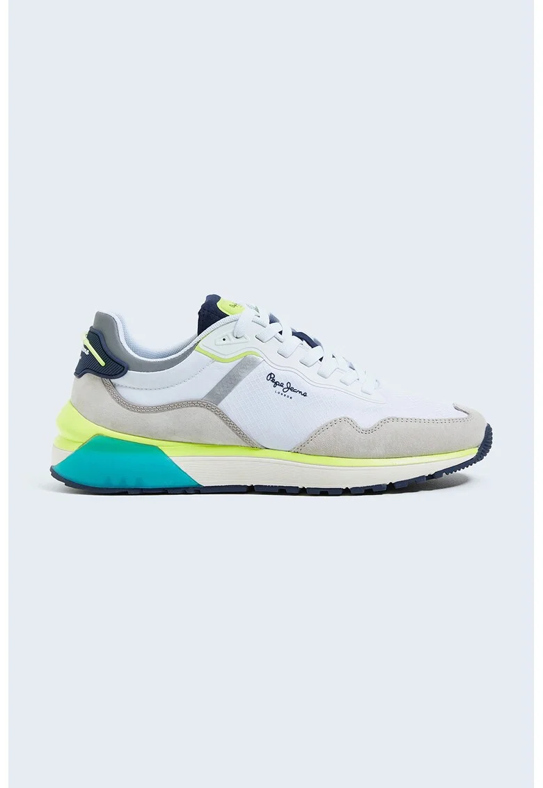 Pantofi sport cu insertii de piele intoarsa Park Air, Alb/Verde neon/Maro nisip