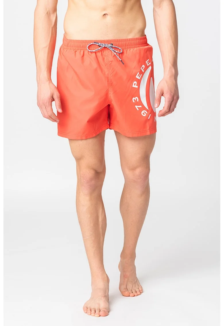 Pantaloni scurti de baie cu logo contrastant in lateral Renzo, Alb/Portocaliu mandarina