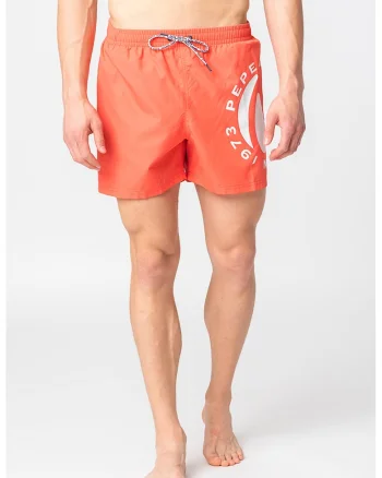 Pantaloni scurti de baie cu logo contrastant in lateral Renzo, Alb/Portocaliu mandarina