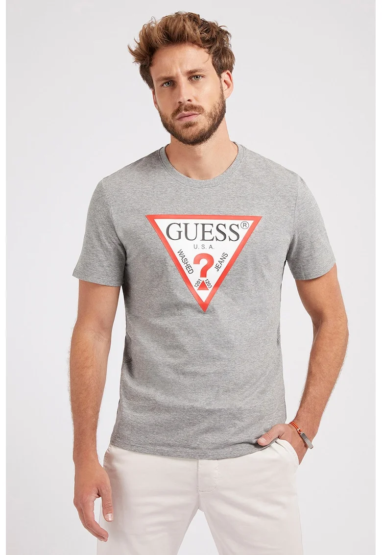 Tricou slim fit cu imprimeu logo triunghiular supradimensionat, Gri melange