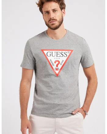 Tricou slim fit cu imprimeu logo triunghiular supradimensionat, Gri melange
