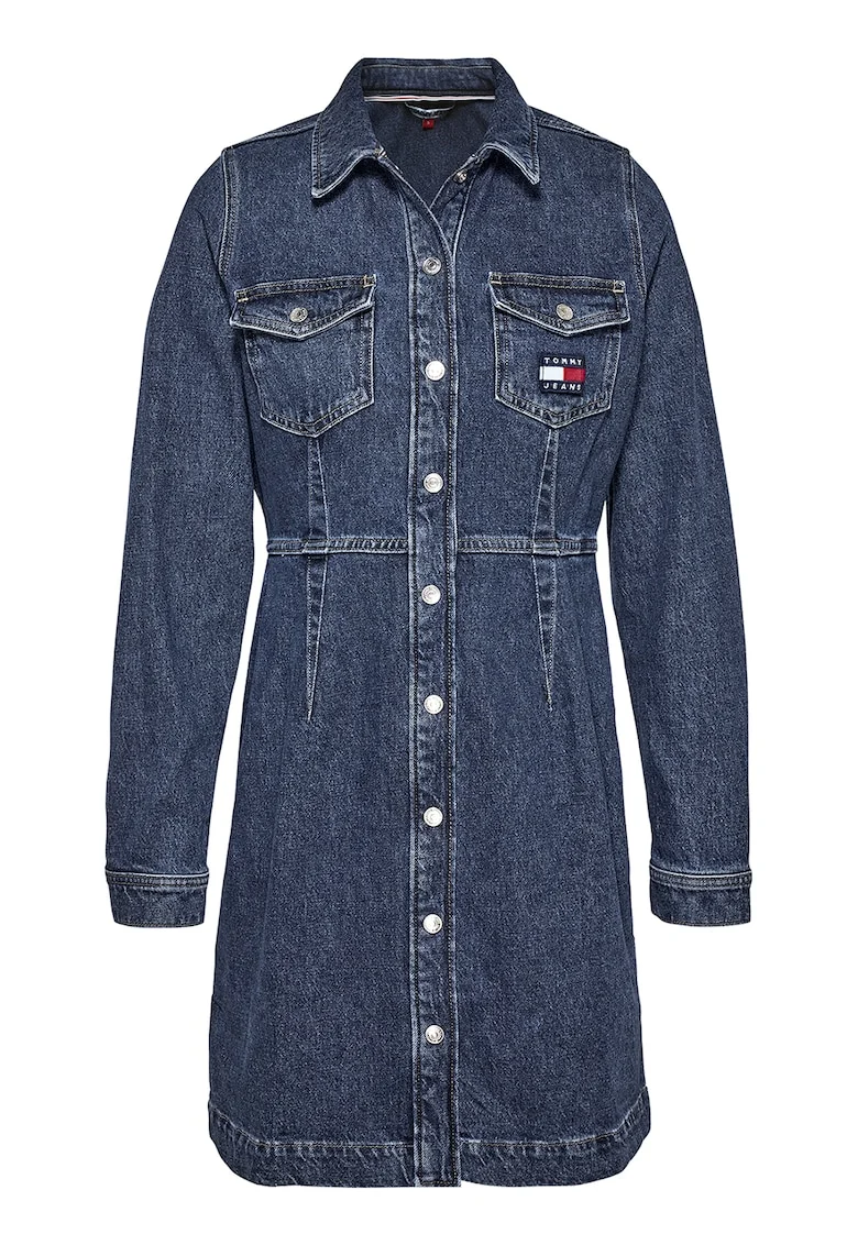 Rochie scurta de denim cu logo, Albastru inchis