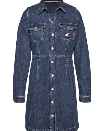 Rochie scurta de denim cu logo, Albastru inchis