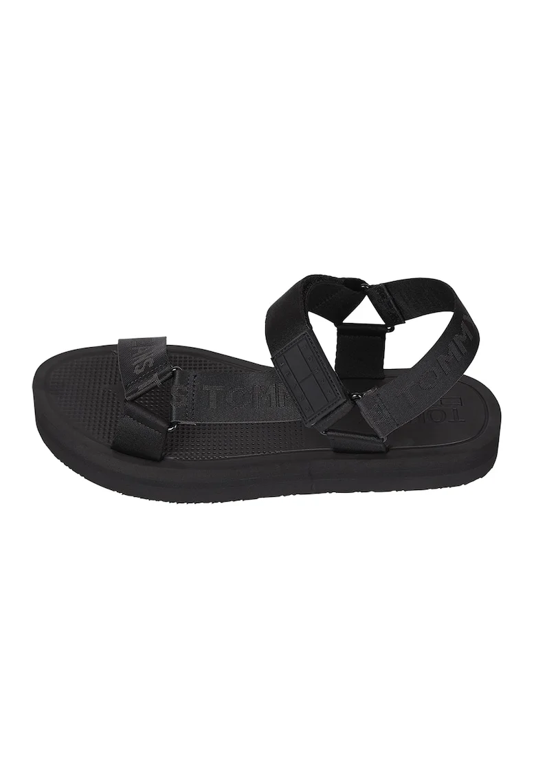 Sandale cu velcro si logo, Negru