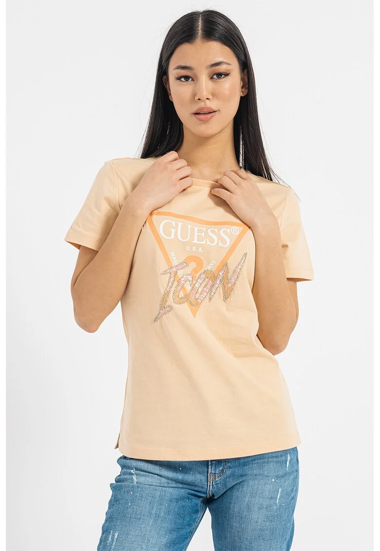 Tricou cu strasuri si aplicatii cu tinte, Portocaliu persan