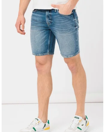 Pantaloni scurti slim fit de denim cu aspect decolorat, Alb murdar/Albastru