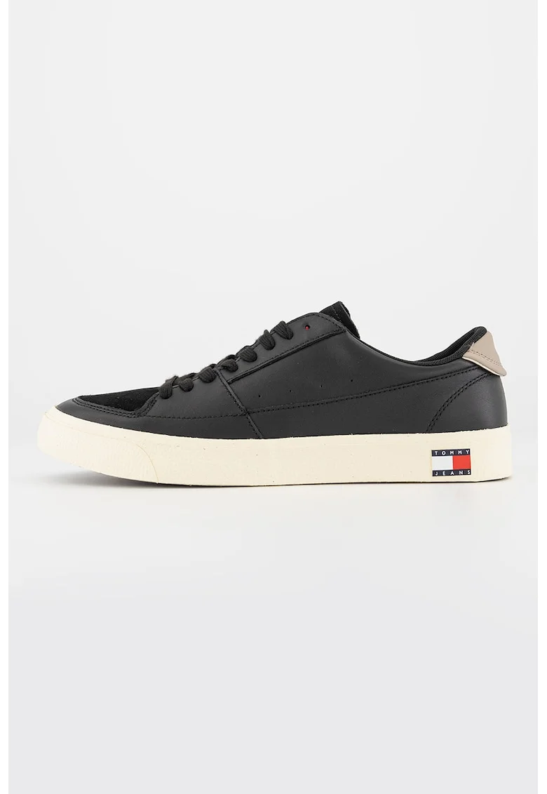 Pantofi sport de piele si piele intoarsa cu sireturi, Negru/Alb murdar