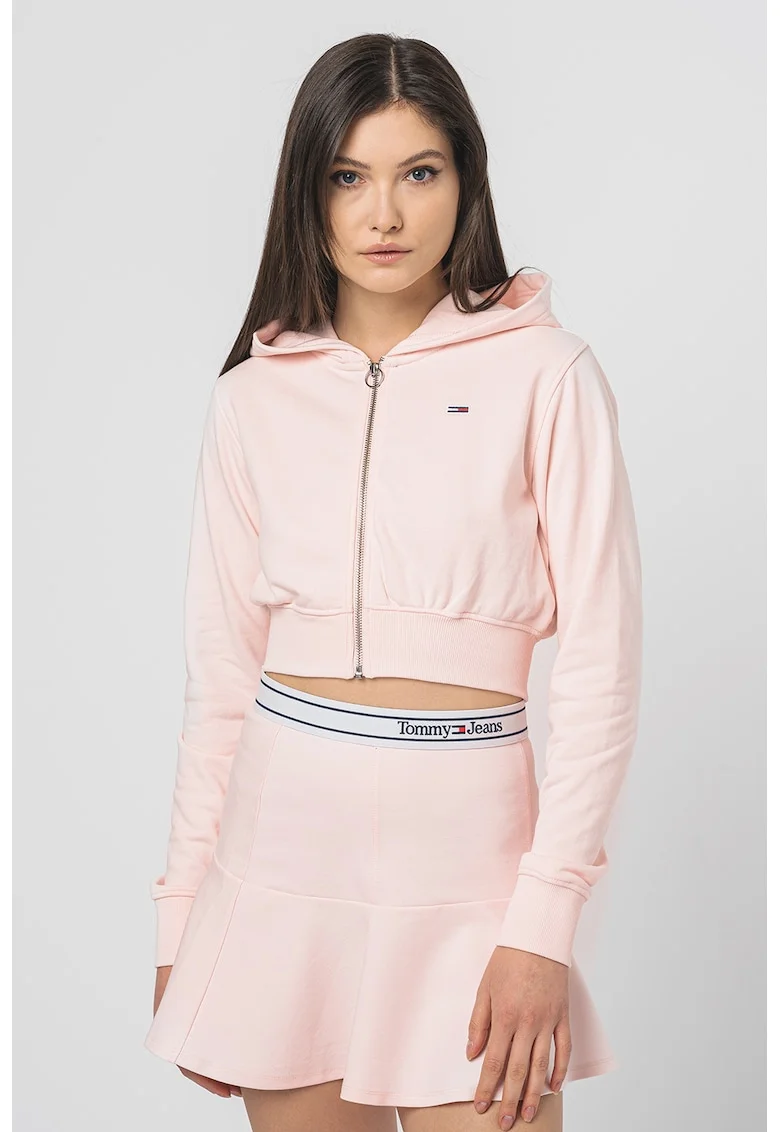 Hanorac crop cu fermoar, Roz pastel