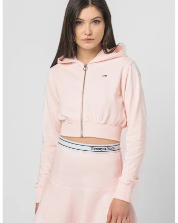Hanorac crop cu fermoar, Roz pastel