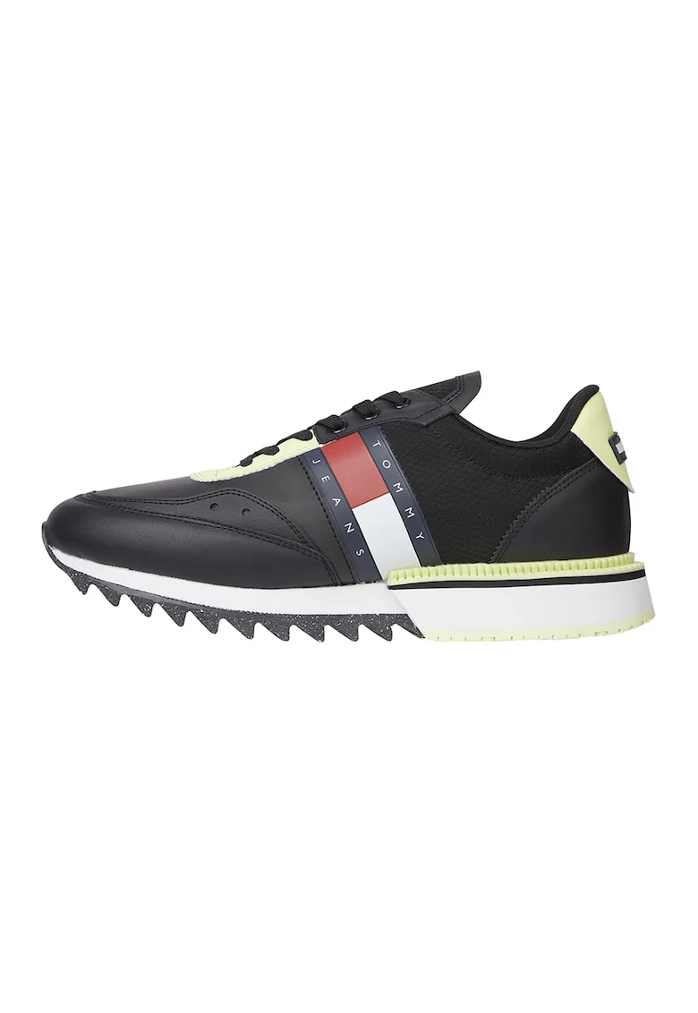 Pantofi sport de piele cu insertii de material textil, Negru/Verde lime