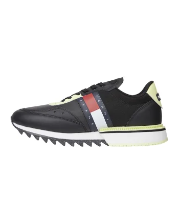 Pantofi sport de piele cu insertii de material textil, Negru/Verde lime