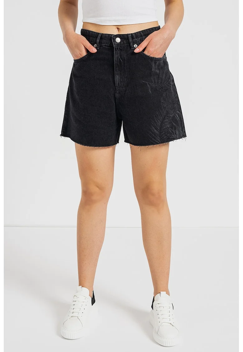Pantaloni scurti din denim cu terminatii franjurate, Negru/Gri
