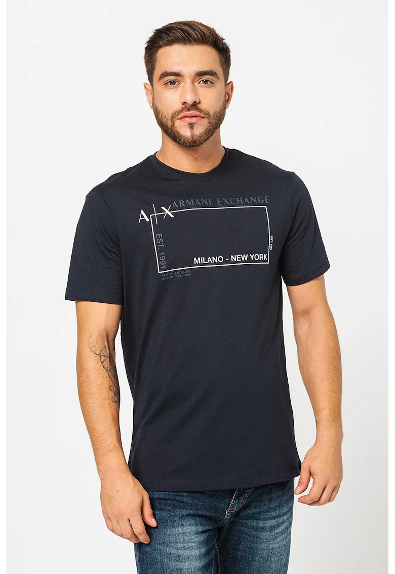 Tricou cu decolteu la baza gatului si imprimeu logo, Bleumarin