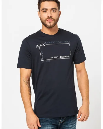 Tricou cu decolteu la baza gatului si imprimeu logo, Bleumarin