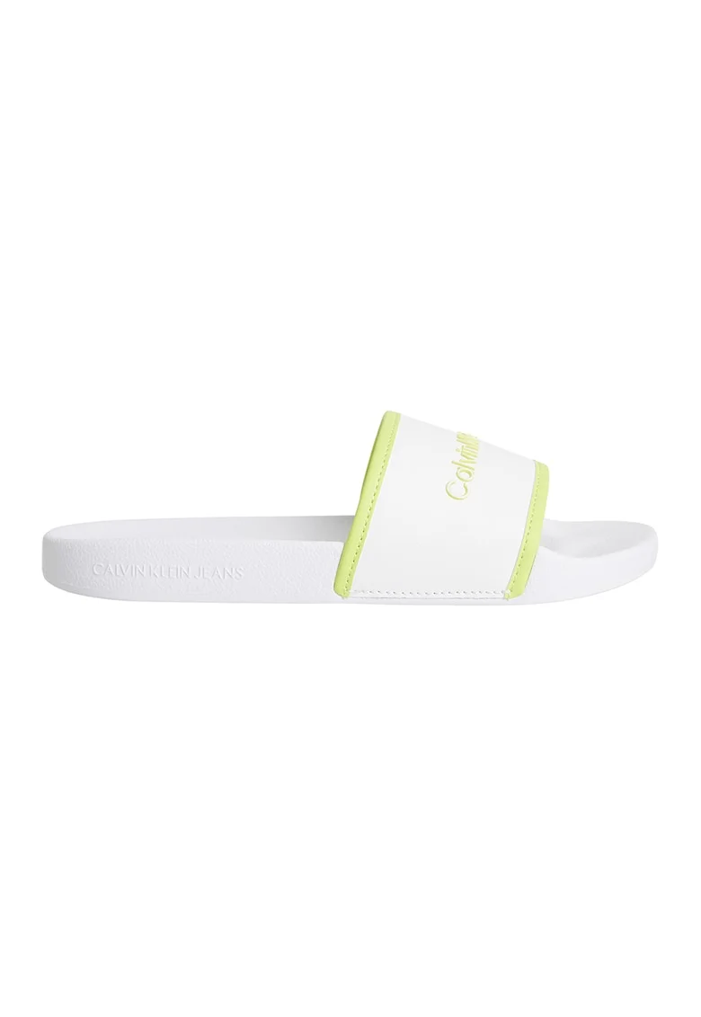 Papuci de piele ecologica cu logo, Alb/Verde fistic
