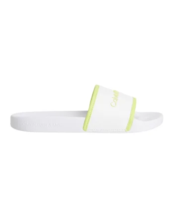 Papuci de piele ecologica cu logo, Alb/Verde fistic