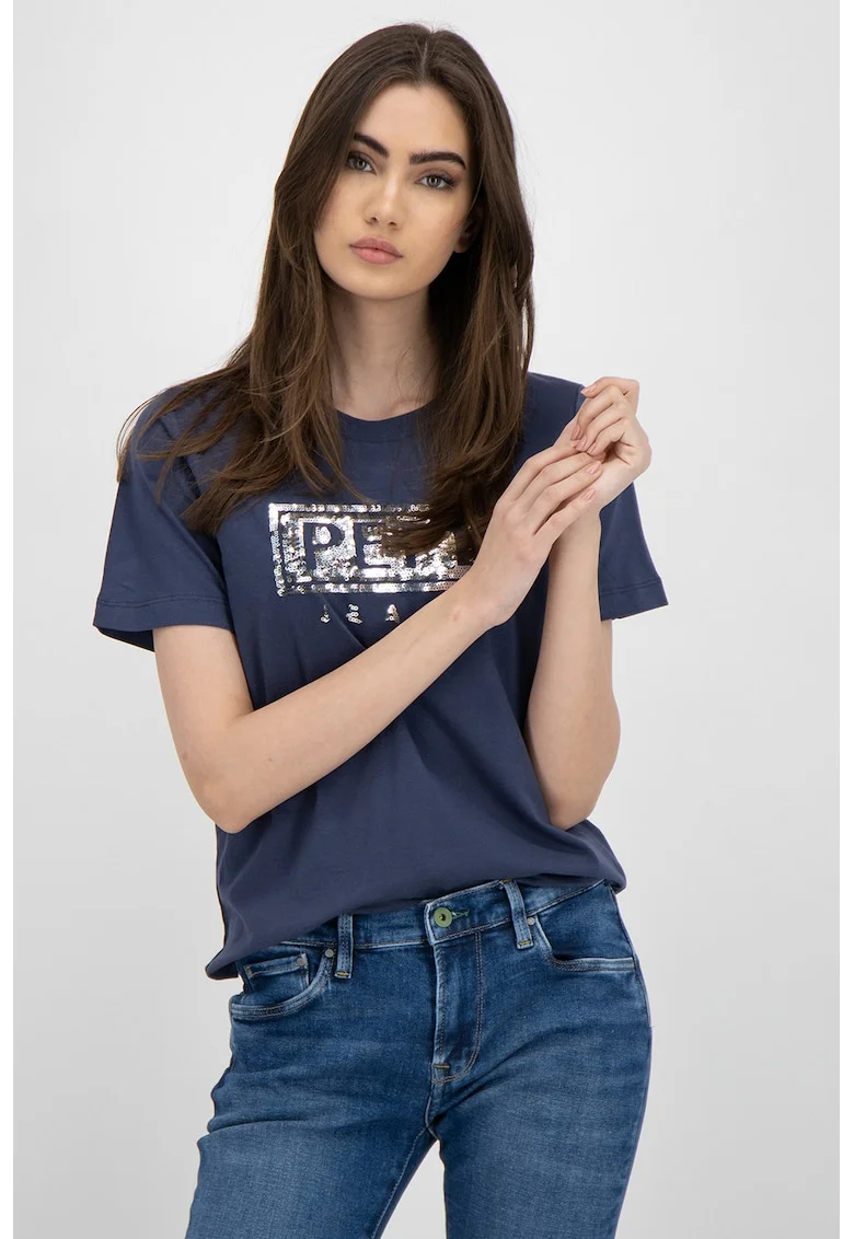 Tricou cu decolteu la baza gatului si aplicatii cu paiete Charis, Bleumarin