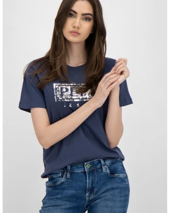 Tricou cu decolteu la baza gatului si aplicatii cu paiete Charis, Bleumarin