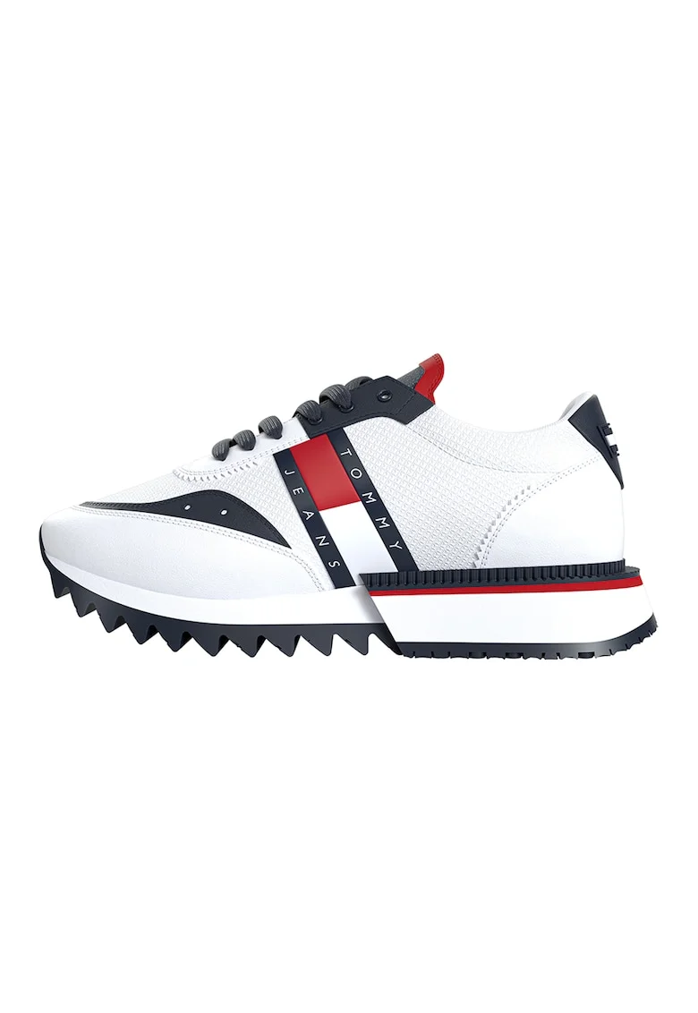 Pantofi sport din piele si piele ecologica cu detalii logo contrastante, Rosu/Alb/Bleumarin