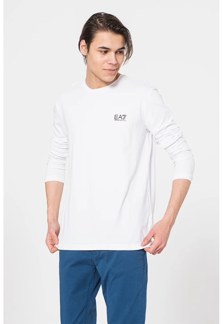 Bluza din amestec de bumbac cu decolteu la baza gatului si detaliu logo, Alb optic