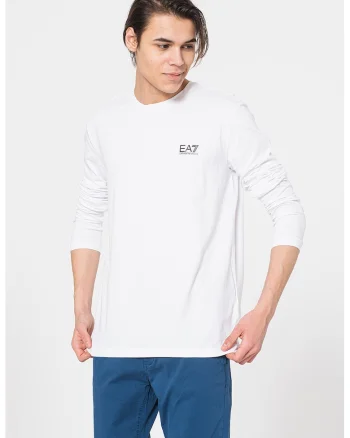 Bluza din amestec de bumbac cu decolteu la baza gatului si detaliu logo, Alb optic