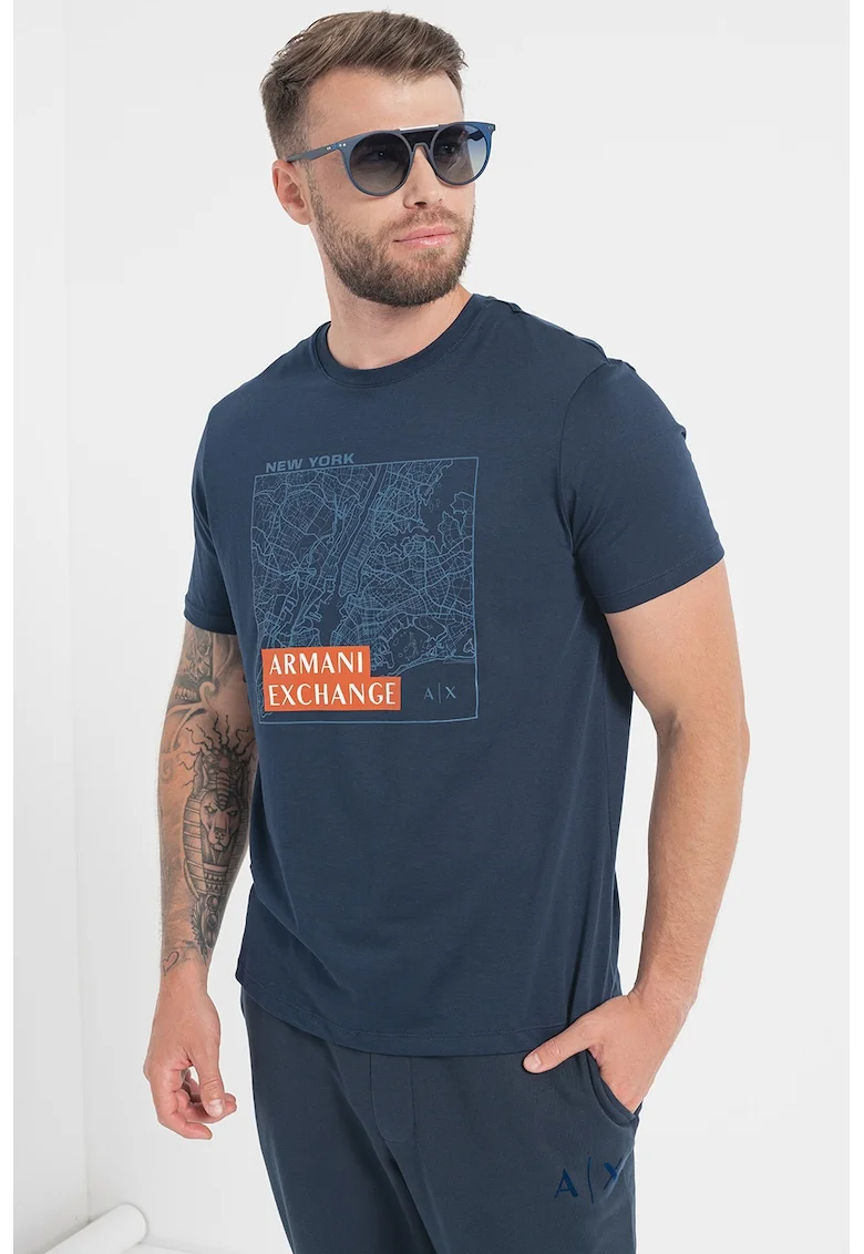 Tricou de bumbac cu imprimeu frontal, Albastru ultramarin