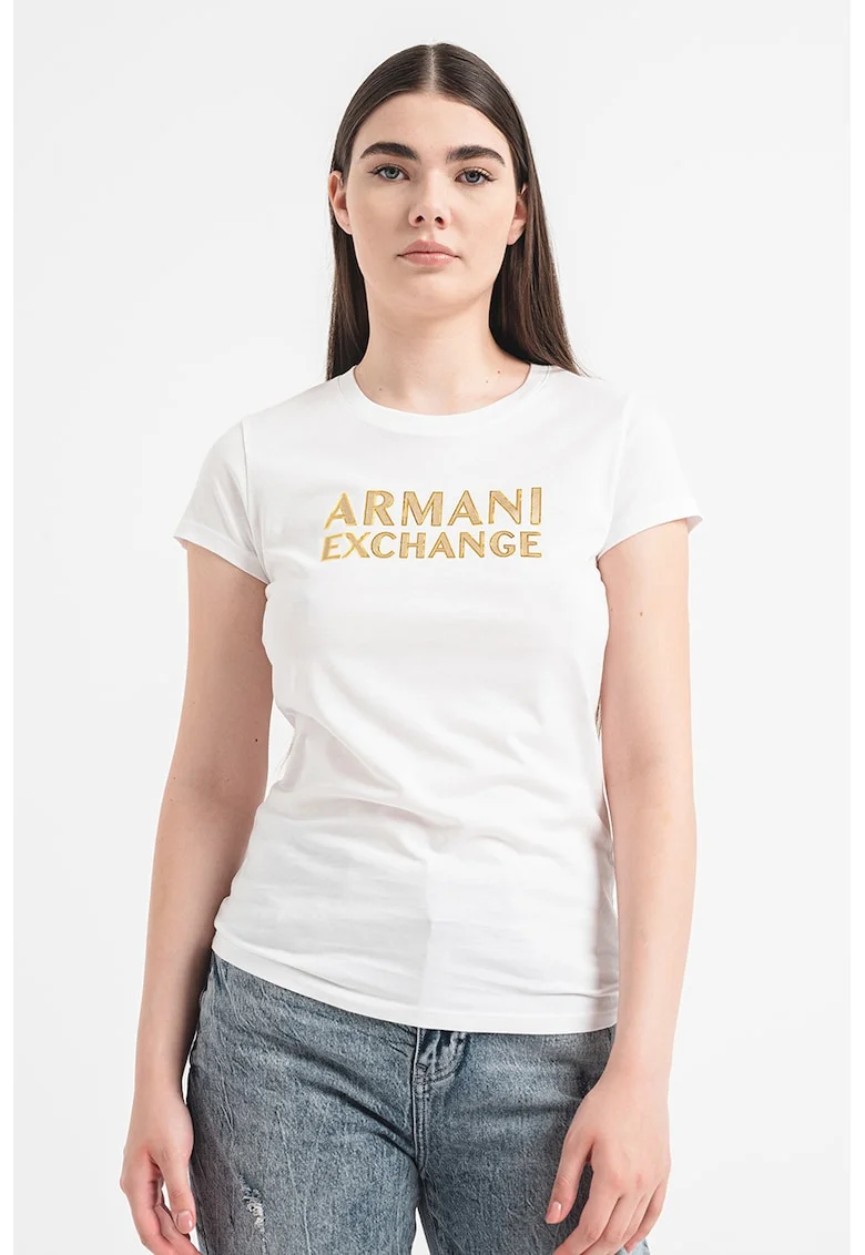 Tricou cu decolteu la baza gatului si detalii stralucitoare, Alb/Auriu