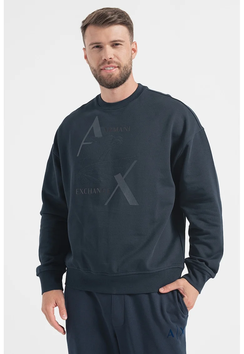 Bluza sport cu decolteu la baza gatului si logo, Albastru ultramarin