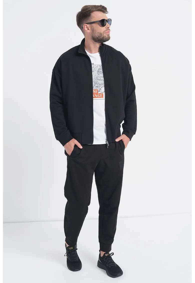 Bluza sport cu fermoar si maneci cazute, Negru