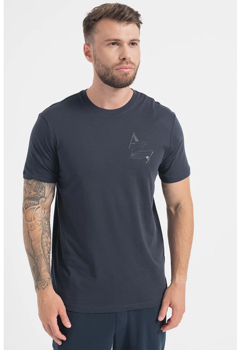 Tricou slim fit cu decolteu la baza gatului si imprimeu logo, Bleumarin