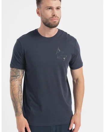Tricou slim fit cu decolteu la baza gatului si imprimeu logo, Bleumarin