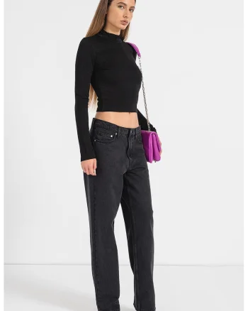 Bluza crop cu logo discret, Negru