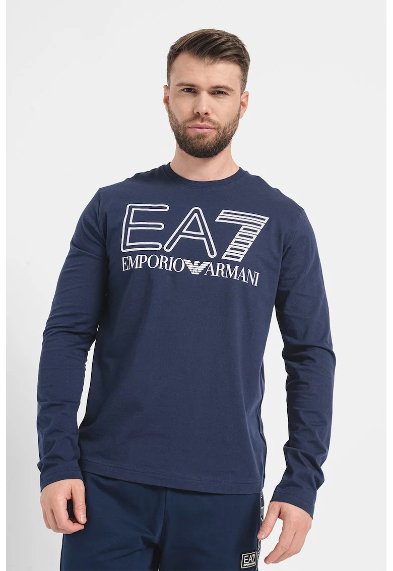 Bluza din bumbac cu imprimeu logo, Alb/Bleumarin