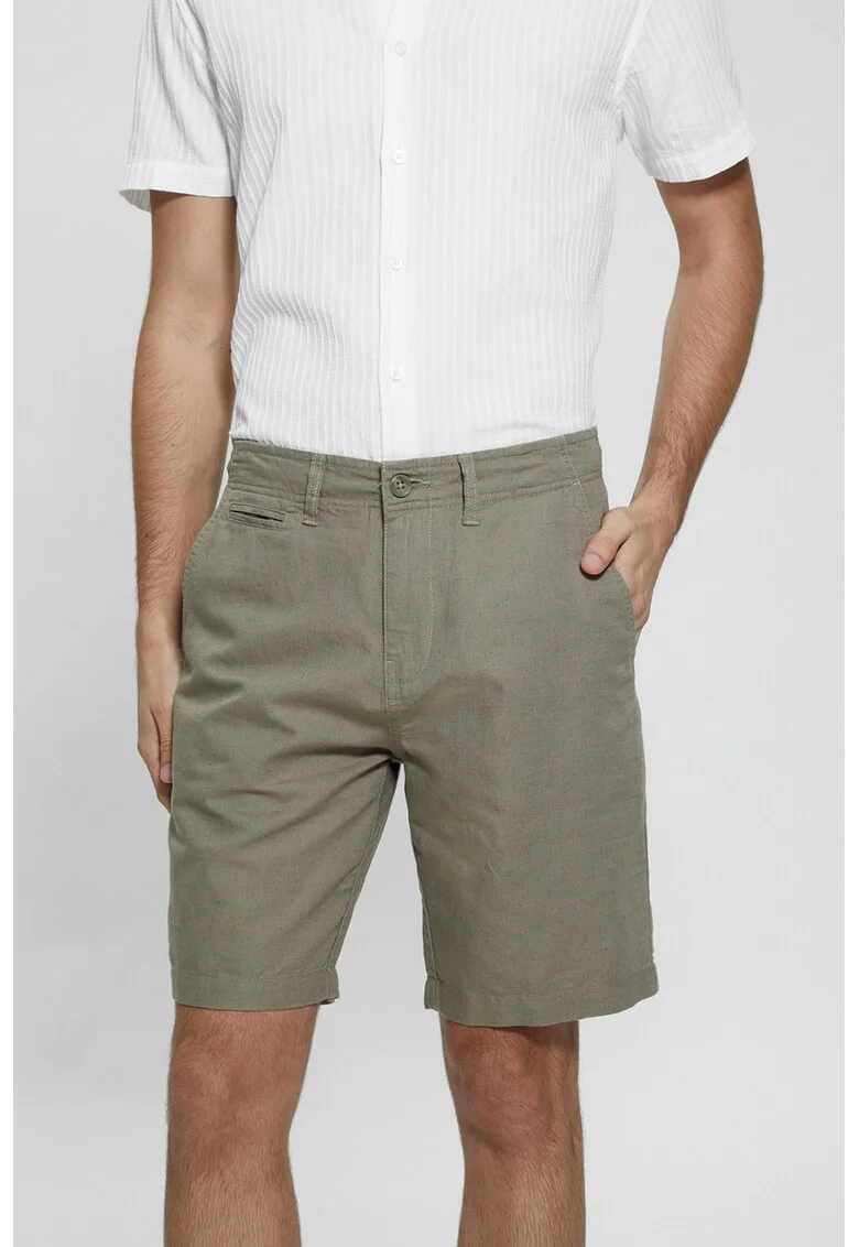 Pantaloni scurti din in si bumbac cu buzunare laterale, Verde feriga