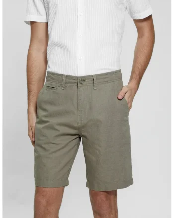 Pantaloni scurti din in si bumbac cu buzunare laterale, Verde feriga