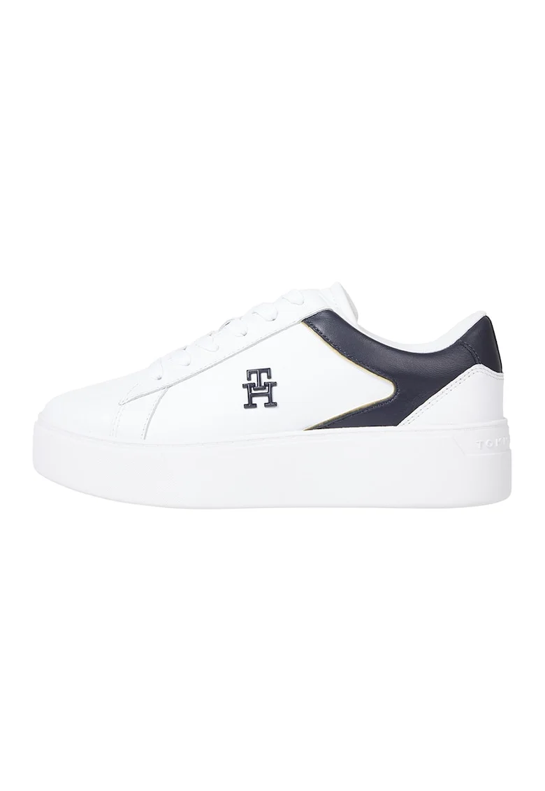Pantofi sport de piele cu logo metalic, Alb/Bleumarin