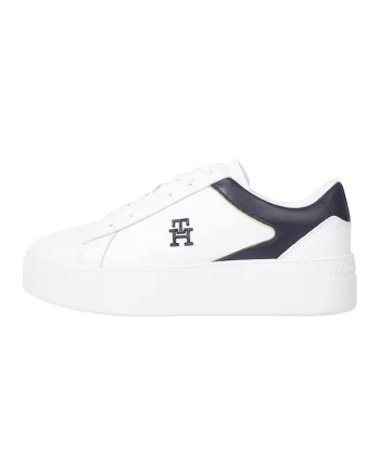 Pantofi sport de piele cu logo metalic, Alb/Bleumarin
