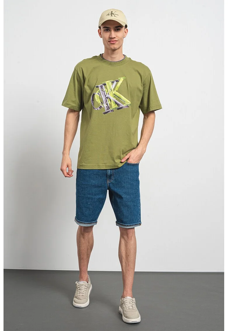 Tricou supradimensionat cu imprimeu monograma, Verde aquamarin