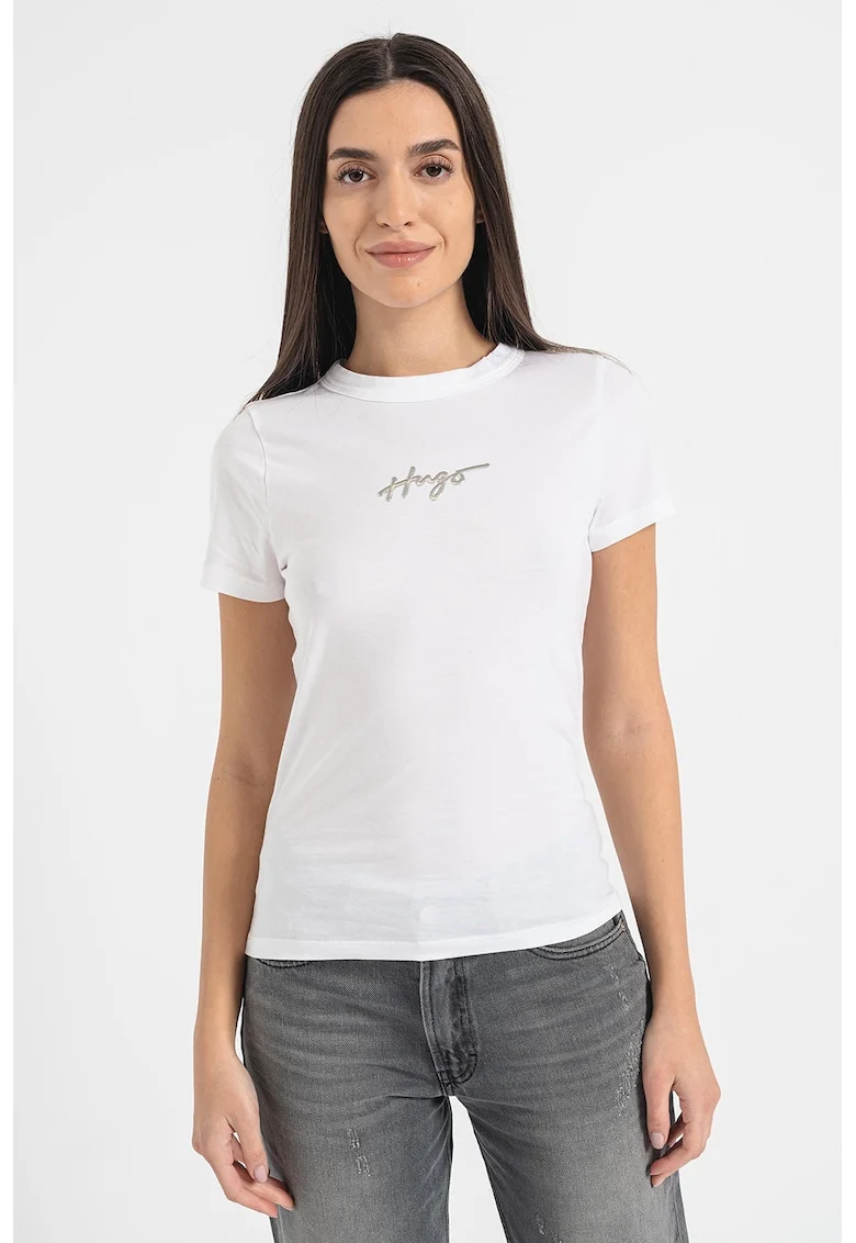 Tricou cu decolteu la baza gatului si logo, Alb/Argintiu