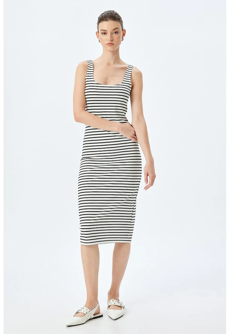Rochie midi cu dungi, Alb/Negru