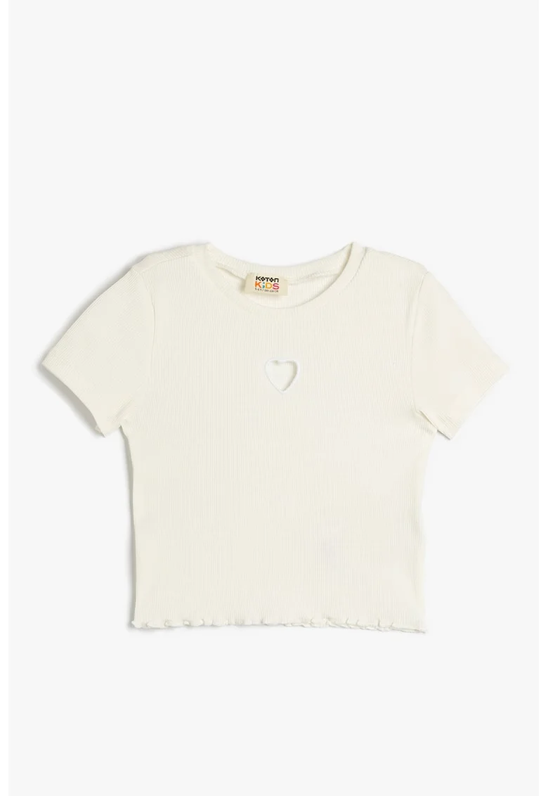 Tricou striat cu decolteu la baza gatului, Alb fildes