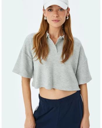 Tricou polo lejer crop, Gri deschis melange