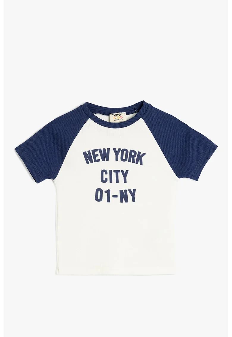 Tricou cu text si maneci raglan, Alb/Albastru inchis