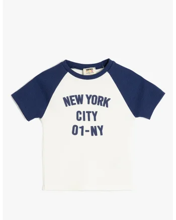 Tricou cu text si maneci raglan, Alb/Albastru inchis