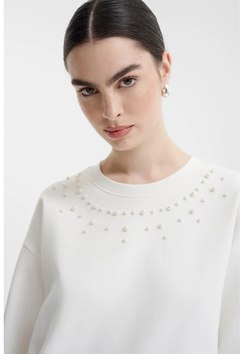 Bluza de trening cu margele, Alb fildes/Alb murdar