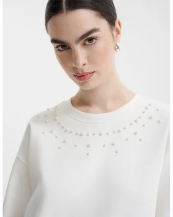 Bluza de trening cu margele, Alb fildes/Alb murdar