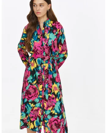 Rochie midi cu model floral, Galben/Fucsia/Albastru deschis
