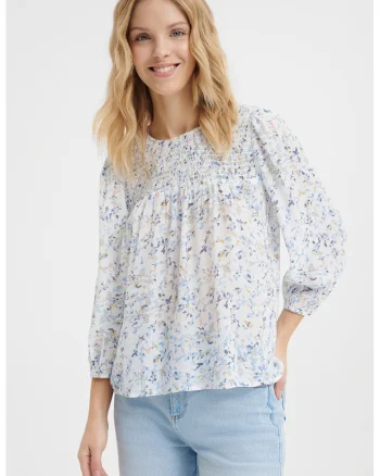Bluza striata cu model floral, Galben/Alb murdar/Albastru deschis